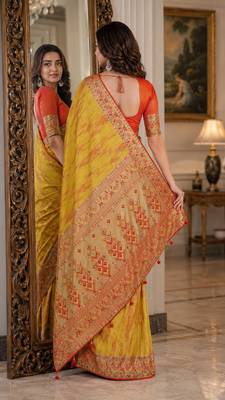 Yellow soft silk blend banarasi jacuard work festive saree with unstitched blouse piece 3