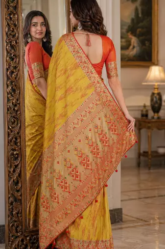 Yellow soft silk blend banarasi jacuard work festive saree with unstitched blouse piece