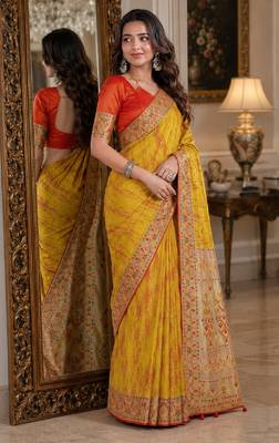 Yellow soft silk blend banarasi jacuard work festive saree with unstitched blouse piece 4