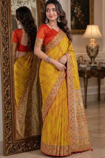 Yellow soft silk blend banarasi jacuard work festive saree with unstitched blouse piece
