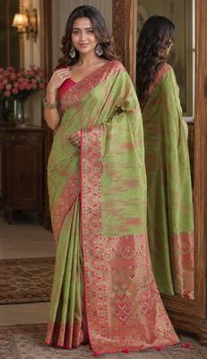 Pista soft silk blend banarasi jacuard work festive saree with unstitched blouse piece 1