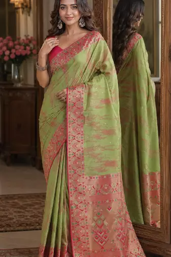Pista soft silk blend banarasi jacuard work festive saree with unstitched blouse piece