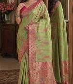 Pista soft silk blend banarasi jacuard work festive saree with unstitched blouse piece
