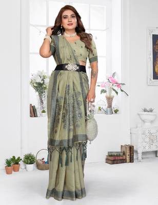 green spun cotton blend woven designer ethnic partywear saree 4