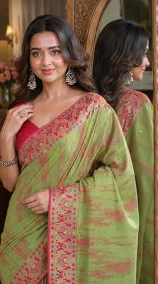 Pista soft silk blend banarasi jacuard work festive saree with unstitched blouse piece 2