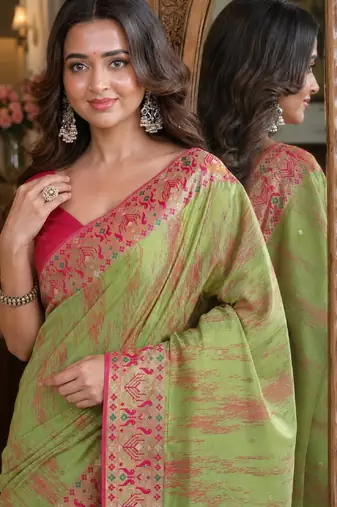 Pista soft silk blend banarasi jacuard work festive saree with unstitched blouse piece