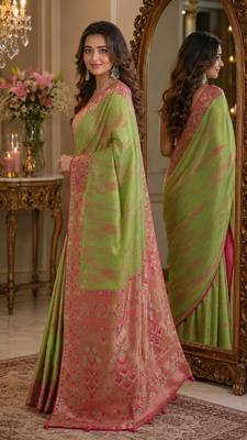 Pista soft silk blend banarasi jacuard work festive saree with unstitched blouse piece 4