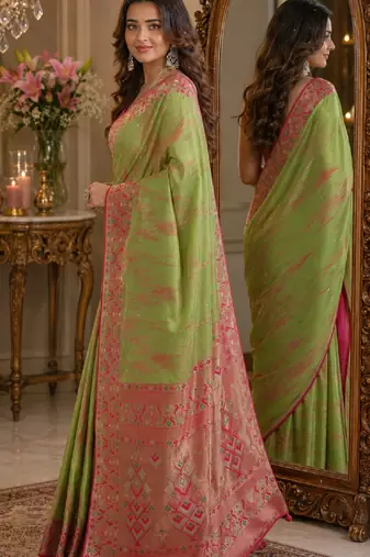 Pista soft silk blend banarasi jacuard work festive saree with unstitched blouse piece