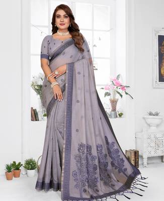 grey spun cotton blend woven designer ethnic partywear saree 1