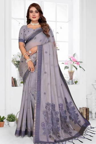 grey spun cotton blend woven designer ethnic partywear saree