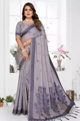 grey spun cotton blend woven designer ethnic partywear saree