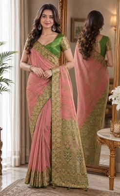 Pink soft silk blend banarasi jacuard work festive saree with unstitched blouse piece 1