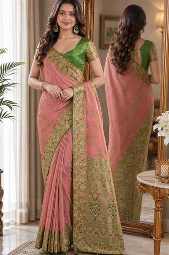 Pink soft silk blend banarasi jacuard work festive saree with unstitched blouse piece