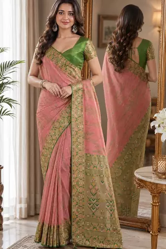 Pink soft silk blend banarasi jacuard work festive saree with unstitched blouse piece
