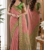 Pink soft silk blend banarasi jacuard work festive saree with unstitched blouse piece