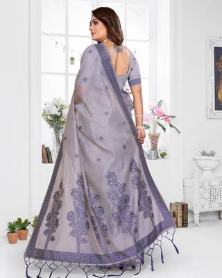 grey spun cotton blend woven designer ethnic partywear saree 2