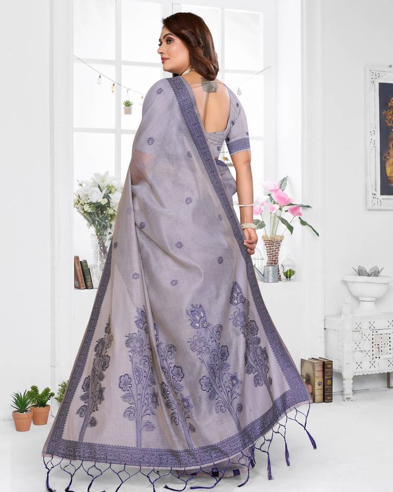 grey spun cotton blend woven designer ethnic partywear saree