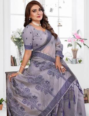 grey spun cotton blend woven designer ethnic partywear saree 3