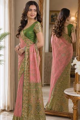 Pink soft silk blend banarasi jacuard work festive saree with unstitched blouse piece 3