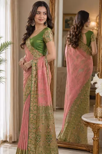 Pink soft silk blend banarasi jacuard work festive saree with unstitched blouse piece