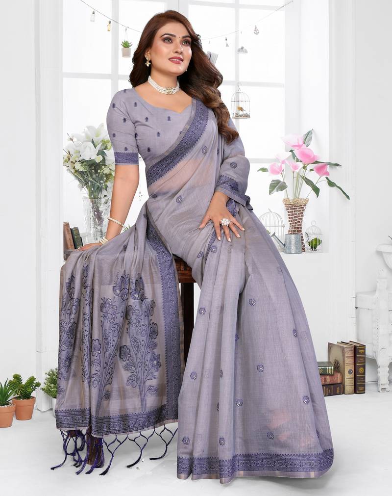 grey spun cotton blend woven designer ethnic partywear saree