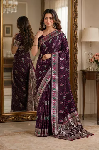 Wine soft silk blend banarasi jacuard work festive saree with unstitched blouse piece