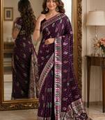 Wine soft silk blend banarasi jacuard work festive saree with unstitched blouse piece