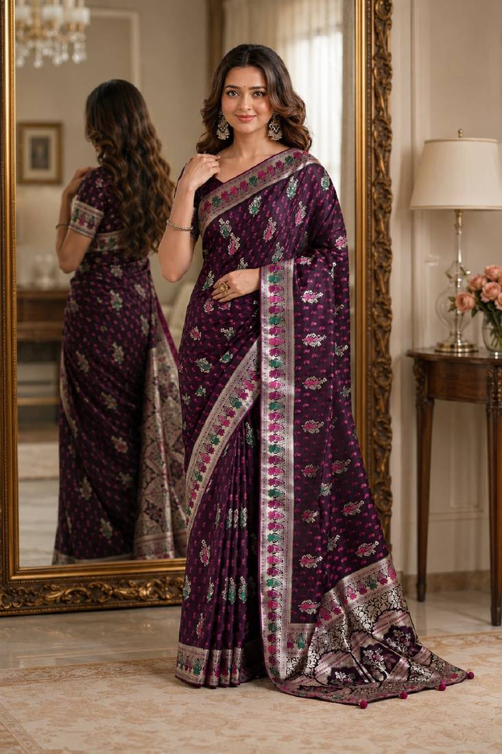 Wine soft silk blend banarasi jacuard work festive saree with unstitched blouse piece