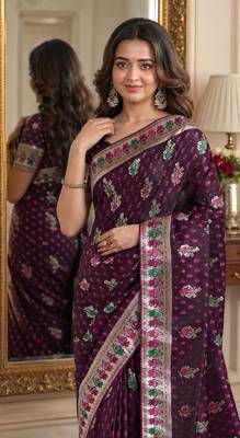 Wine soft silk blend banarasi jacuard work festive saree with unstitched blouse piece 2