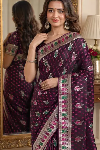 Wine soft silk blend banarasi jacuard work festive saree with unstitched blouse piece