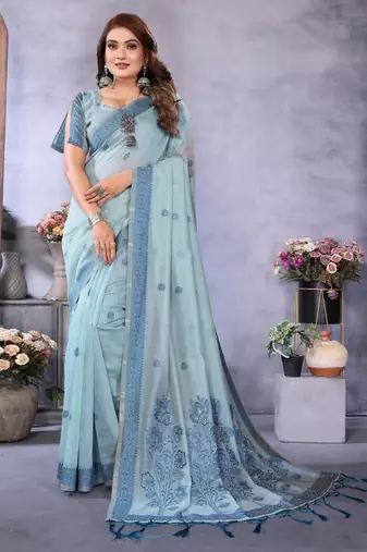 sea green spun cotton blend woven designer ethnic partywear saree