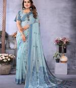 sea green spun cotton blend woven designer ethnic partywear saree
