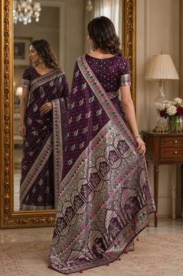 Wine soft silk blend banarasi jacuard work festive saree with unstitched blouse piece 3