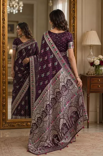 Wine soft silk blend banarasi jacuard work festive saree with unstitched blouse piece