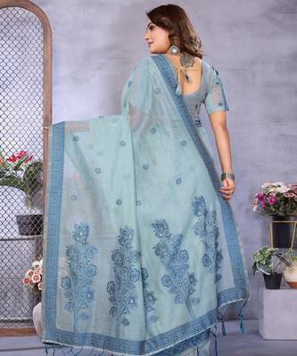sea green spun cotton blend woven designer ethnic partywear saree 2