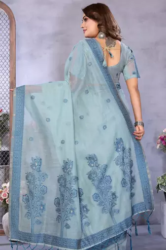 sea green spun cotton blend woven designer ethnic partywear saree