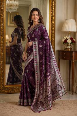 Wine soft silk blend banarasi jacuard work festive saree with unstitched blouse piece 4