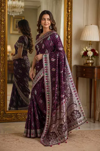 Wine soft silk blend banarasi jacuard work festive saree with unstitched blouse piece