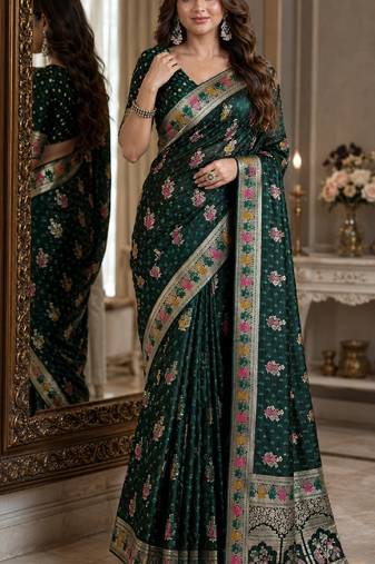 Green soft silk blend banarasi jacuard work festive saree with unstitched blouse piece