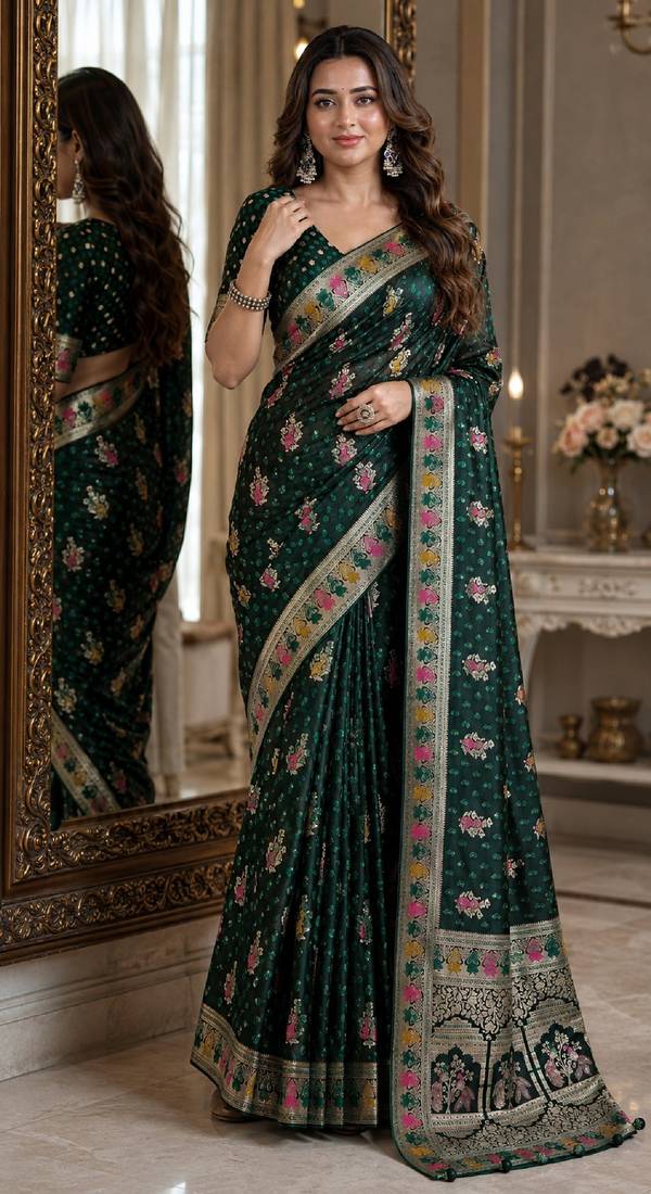 Green soft silk blend banarasi jacuard work festive saree with unstitched blouse piece