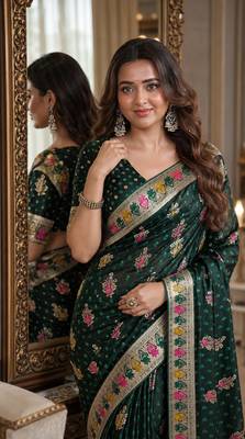Green soft silk blend banarasi jacuard work festive saree with unstitched blouse piece 2