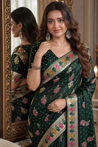 Green soft silk blend banarasi jacuard work festive saree with unstitched blouse piece