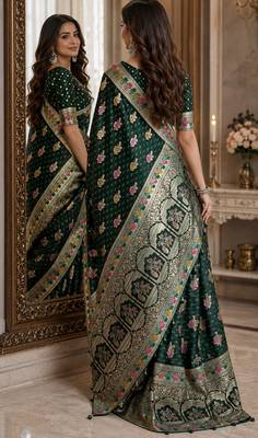 Green soft silk blend banarasi jacuard work festive saree with unstitched blouse piece 3
