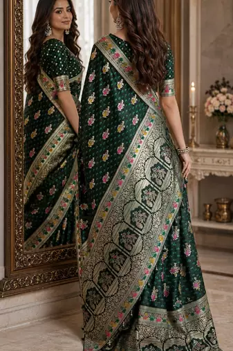 Green soft silk blend banarasi jacuard work festive saree with unstitched blouse piece