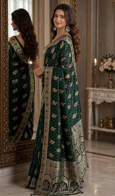 Green soft silk blend banarasi jacuard work festive saree with unstitched blouse piece 4