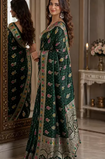 Green soft silk blend banarasi jacuard work festive saree with unstitched blouse piece