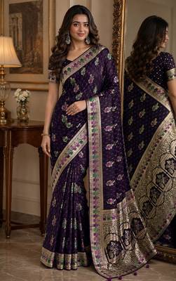 Plum soft silk blend banarasi jacuard work festive saree with unstitched blouse piece 1
