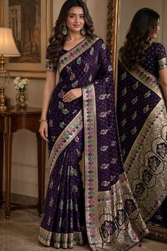 Plum soft silk blend banarasi jacuard work festive saree with unstitched blouse piece