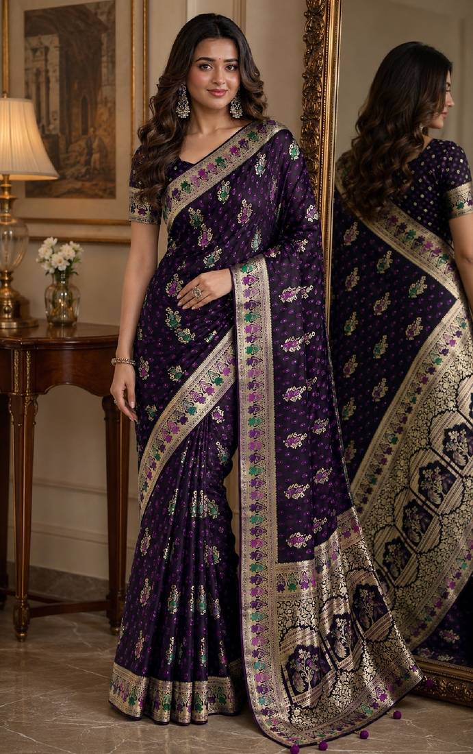 Plum soft silk blend banarasi jacuard work festive saree with unstitched blouse piece