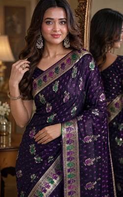 Plum soft silk blend banarasi jacuard work festive saree with unstitched blouse piece 2